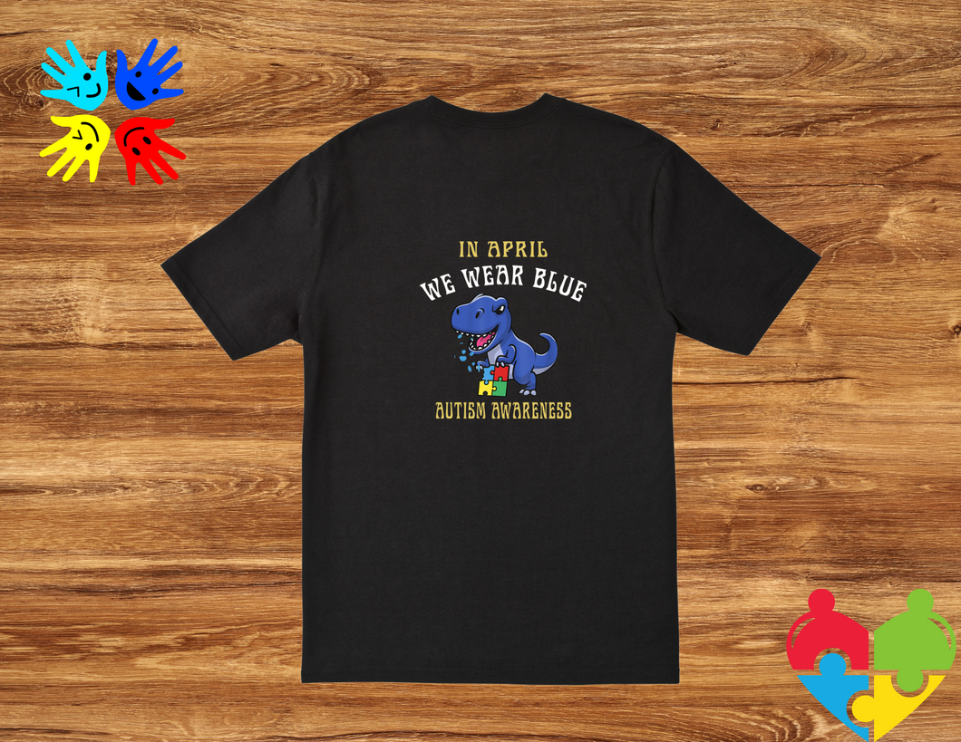 In April we wear blue kids Autism dinosaur t-shirt